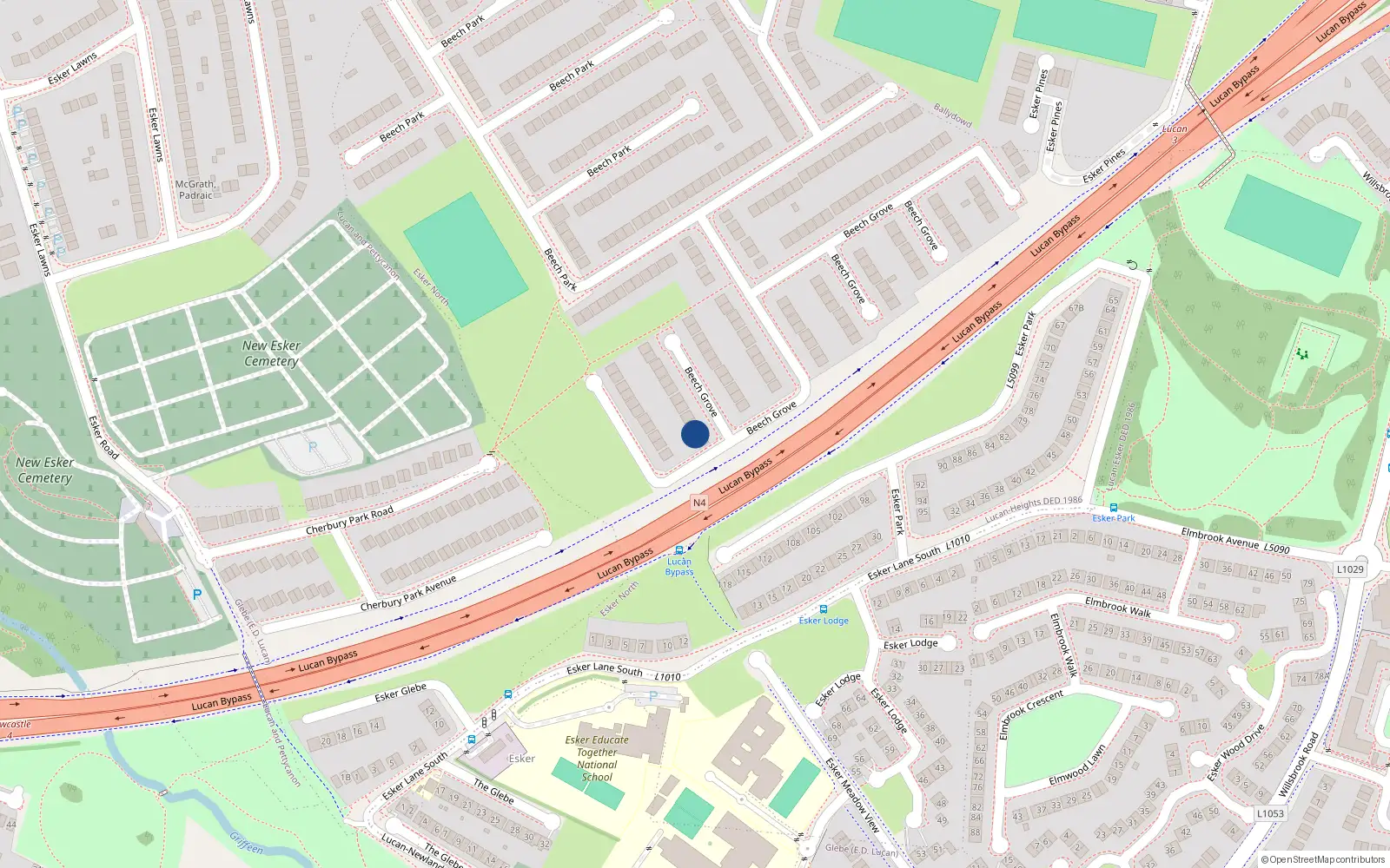 Overhead map showing the location of 98 Beech Grove, Lucan, Co Dublin