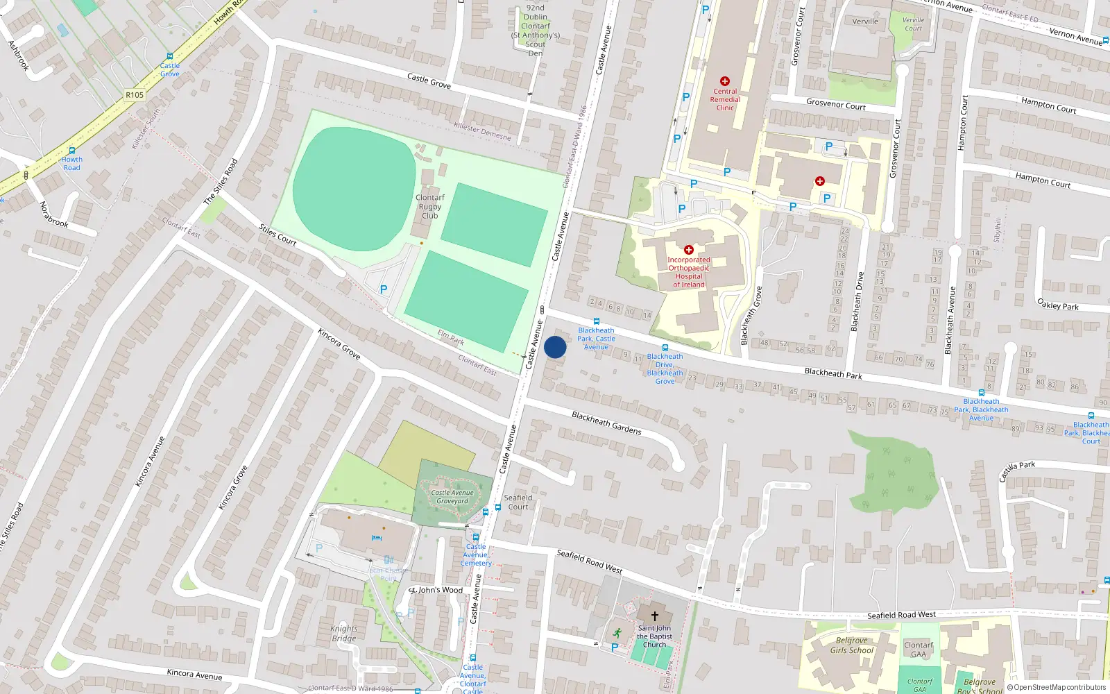 Overhead map showing the location of 98 Castle Avenue, Clontarf, Dublin 3