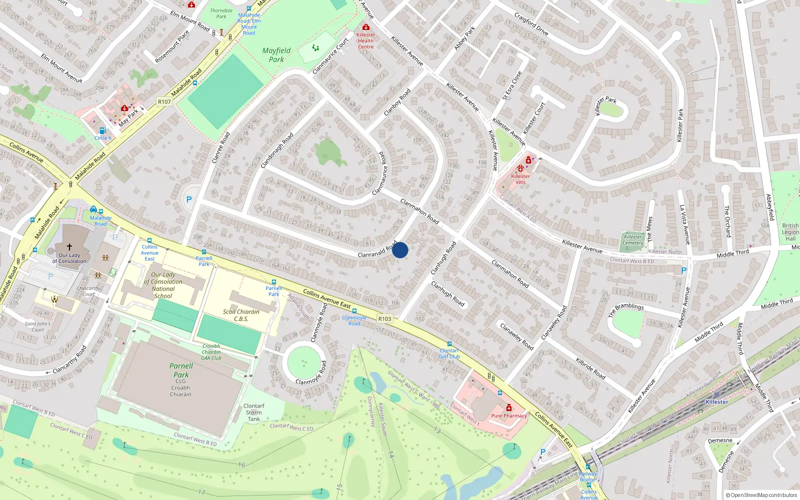 Overhead map showing the location of 98 Clanranald Road, Donnycarney, Dublin 5