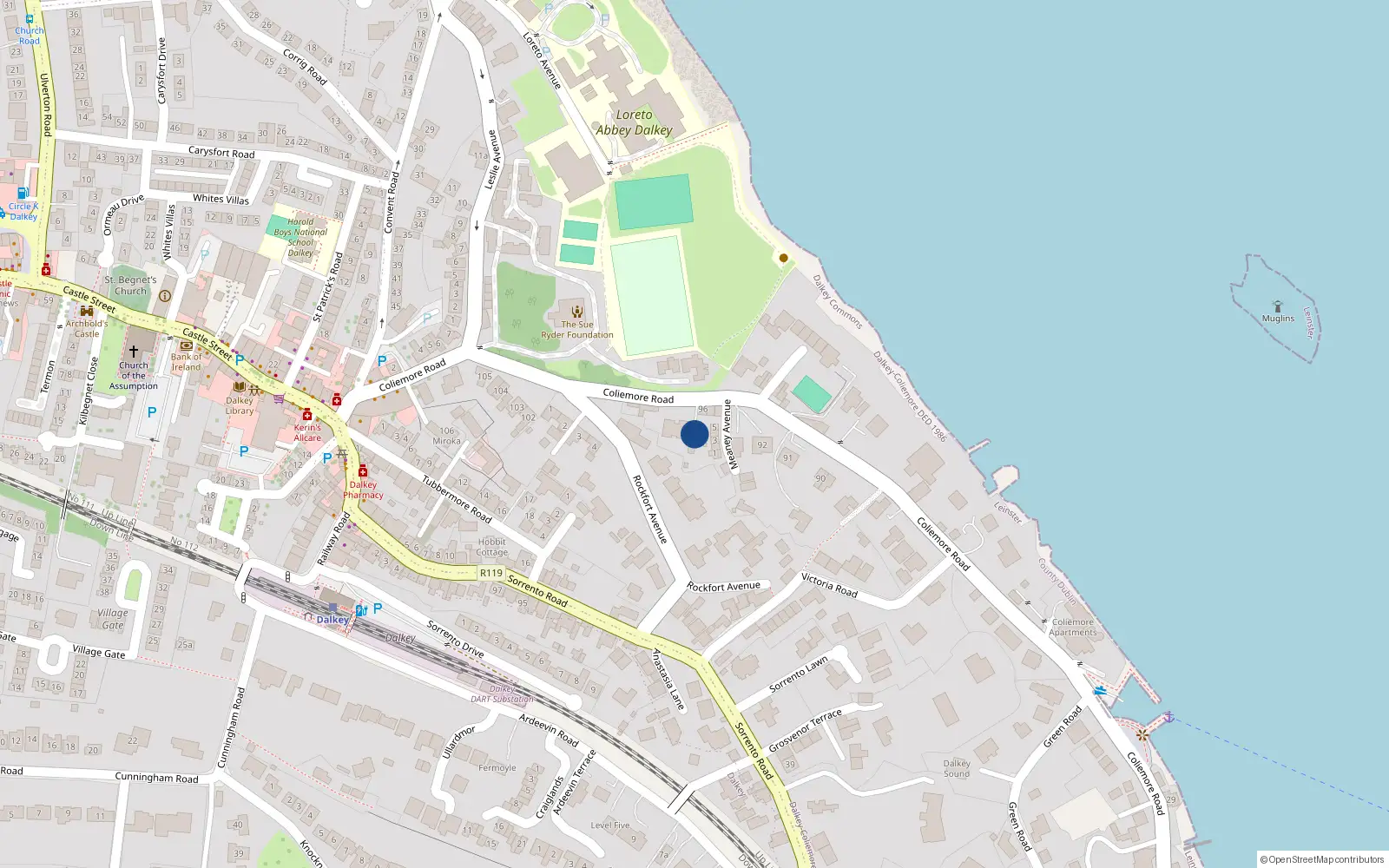 Overhead map showing the location of 98 Coliemore Road, Dalkey