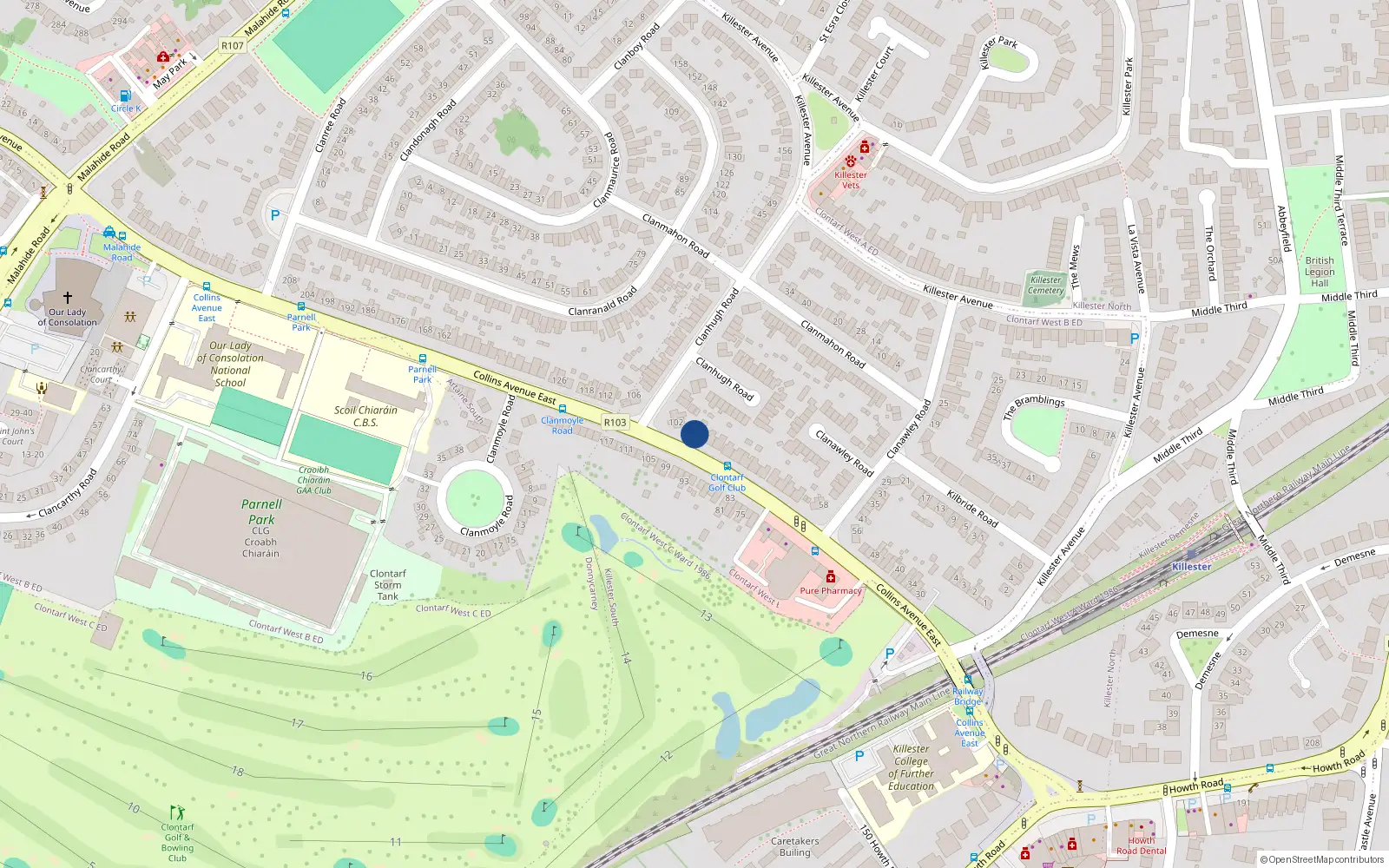 Overhead map showing the location of 98 Collins Avenue East, Dublin 5