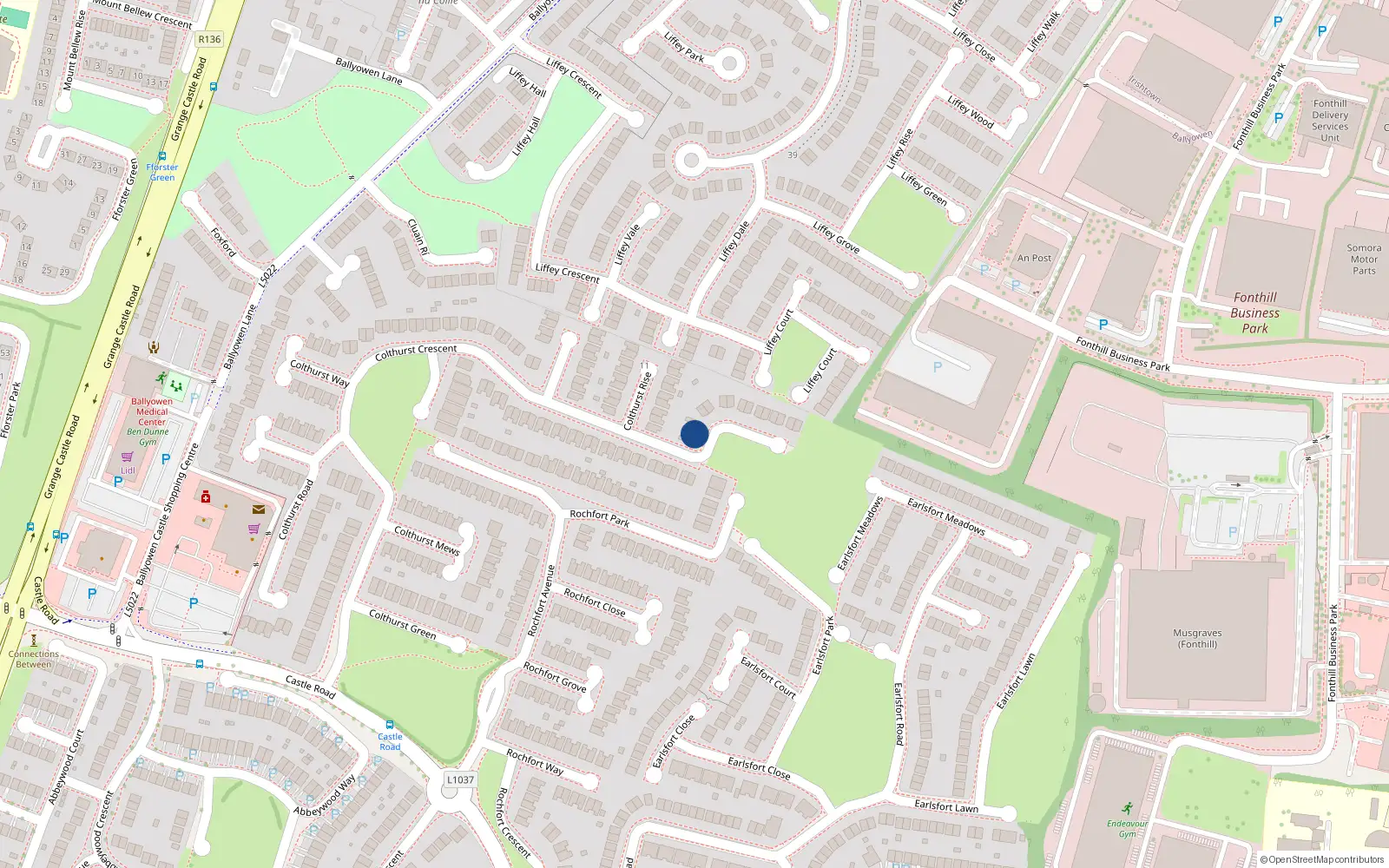 Overhead map showing the location of 98 Colthurst Crescent, Lucan