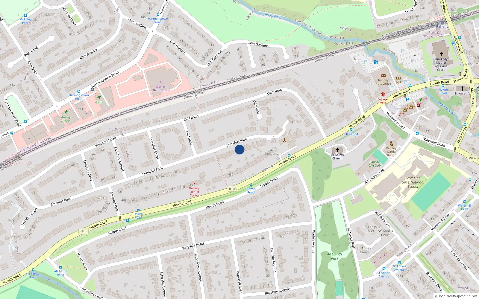 Overhead map showing the location of 98 Ennafort Park, Raheny, Dublin 5