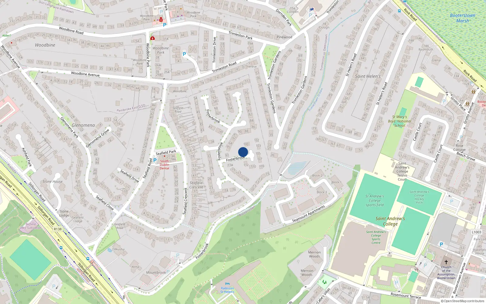 Overhead map showing the location of 98 Fosterbrook, Blackrock, Dublin