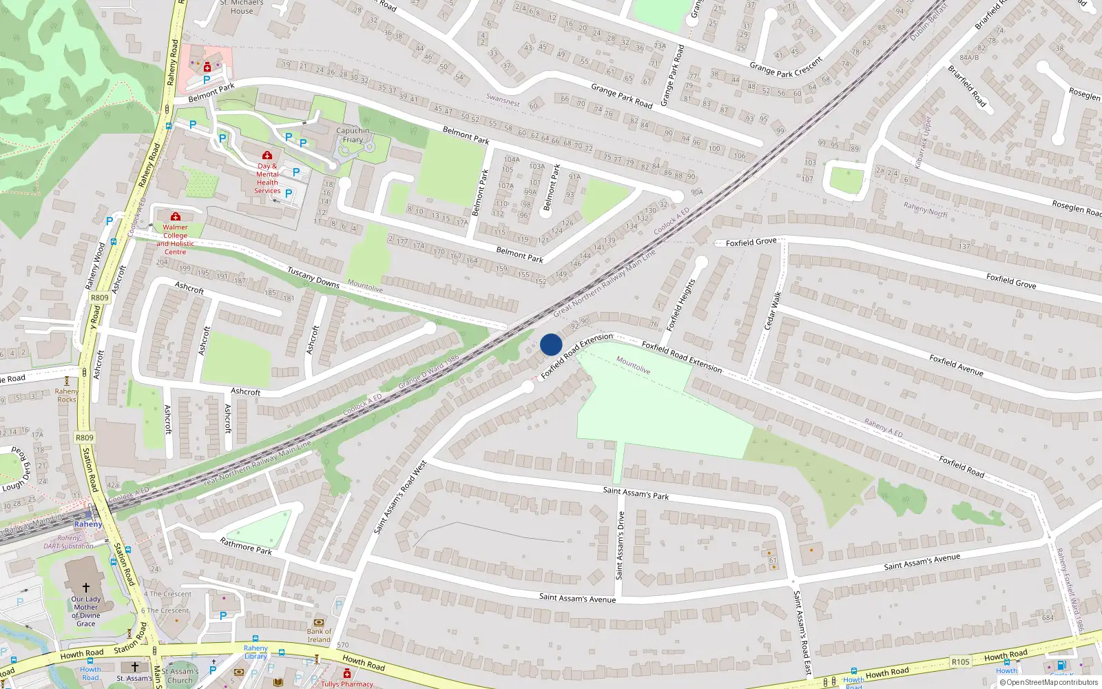 Overhead map showing the location of 98 Foxfield Road, Raheny, Dublin 5