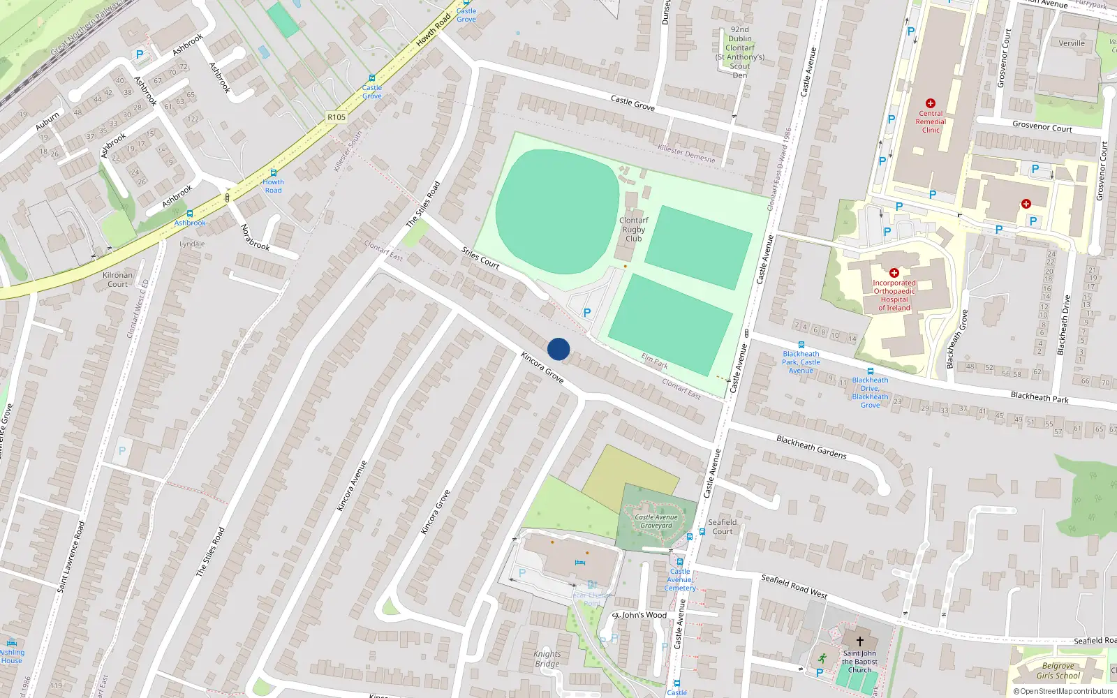 Overhead map showing the location of 98 Kincora Grove, Dublin 3