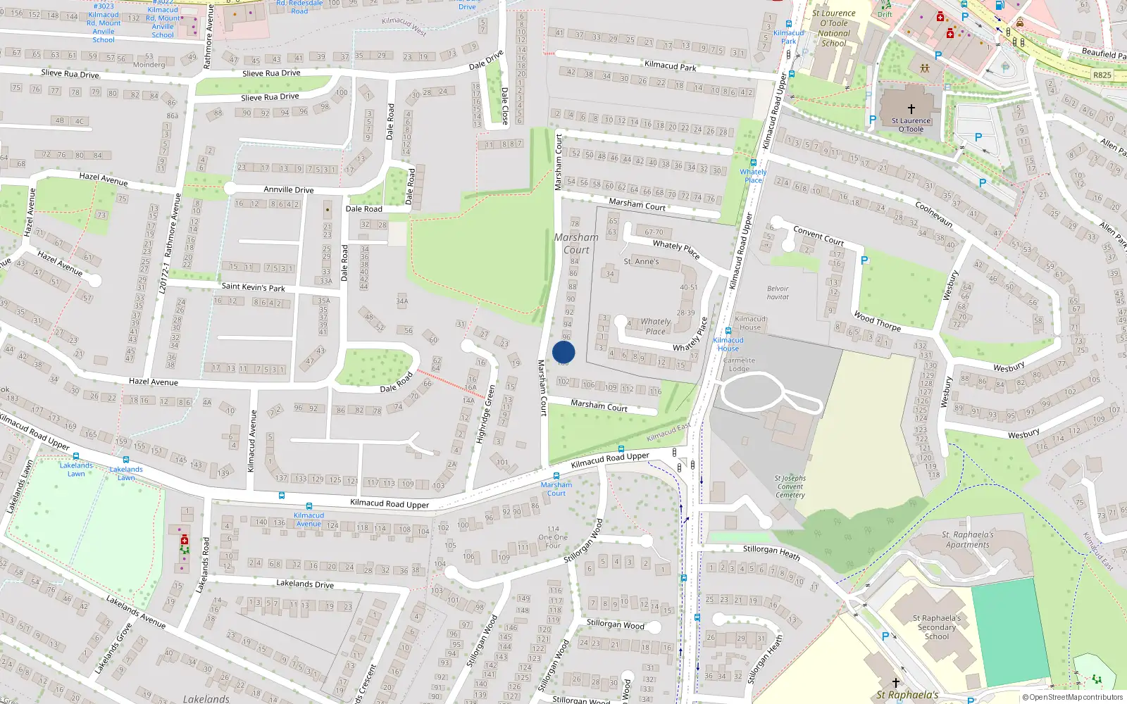 Overhead map showing the location of 98 Marsham Court, Stillorgan, Co Dublin