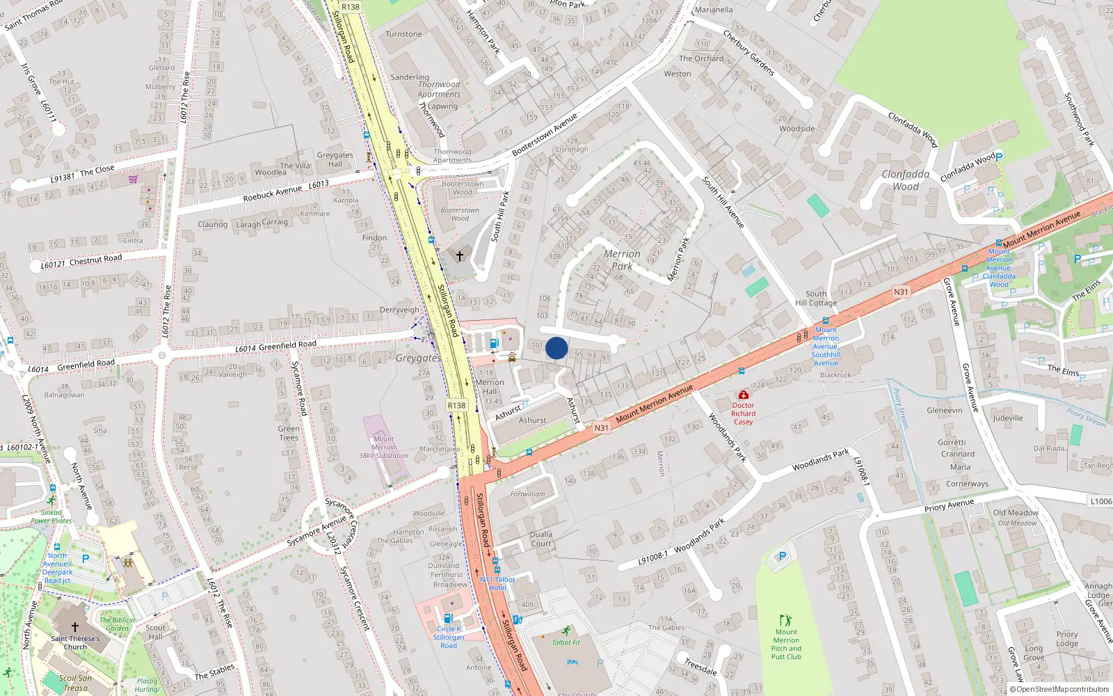 Overhead map showing the location of 98 Merrion Park, Blackrock