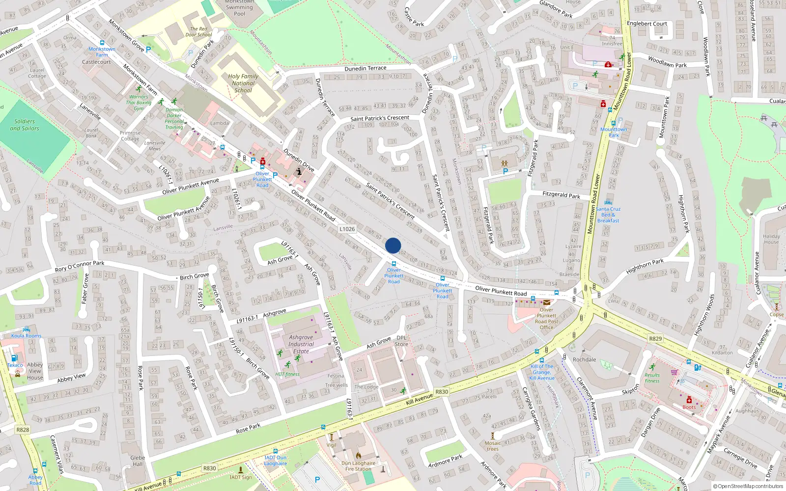Overhead map showing the location of 98 Oliver Plunkett Road, Dublin
