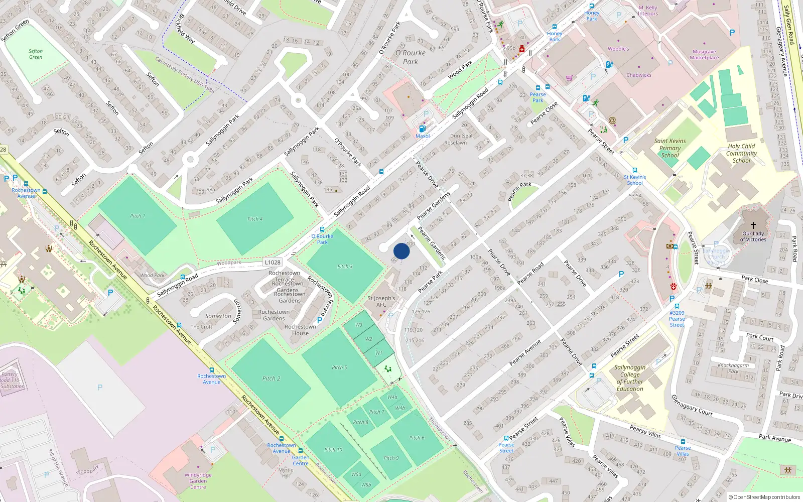 Overhead map showing the location of 98 Pearse Gardens, Sallynoggin