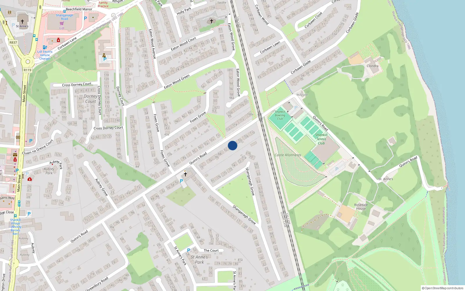 Overhead map showing the location of 98 Quinn's Road, Shankill