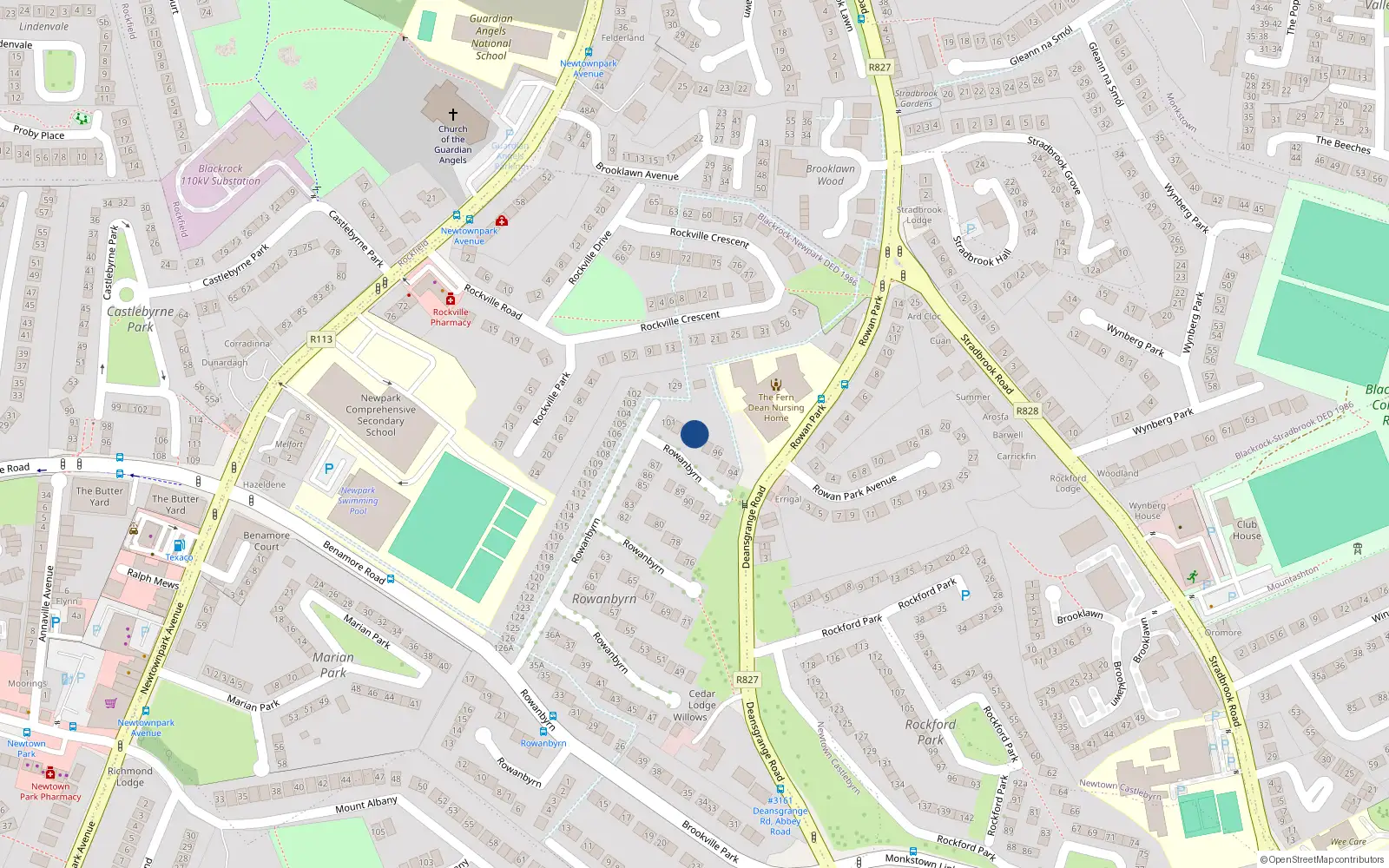Overhead map showing the location of 98 Rowanbyrn, Blackrock, Dublin