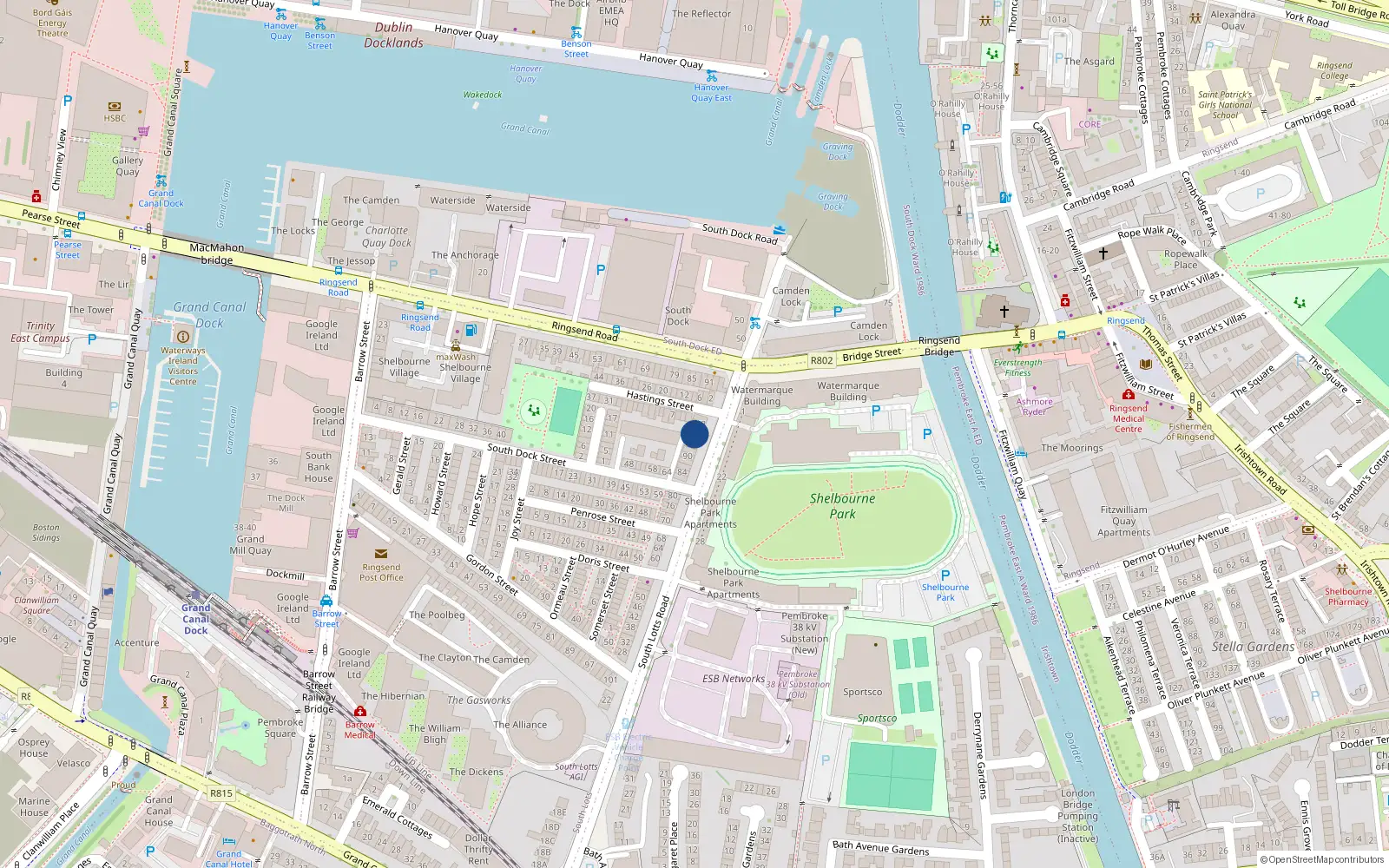 Overhead map showing the location of 98 South Lotts Road, Dublin 4