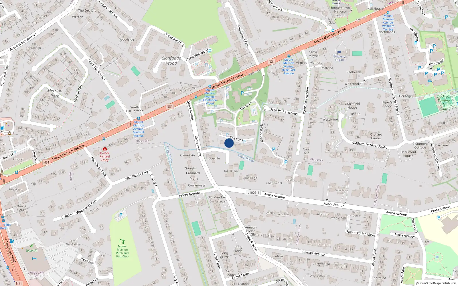 Overhead map showing the location of 98 the Elms, Mount Merrion Avenue, Blackrock