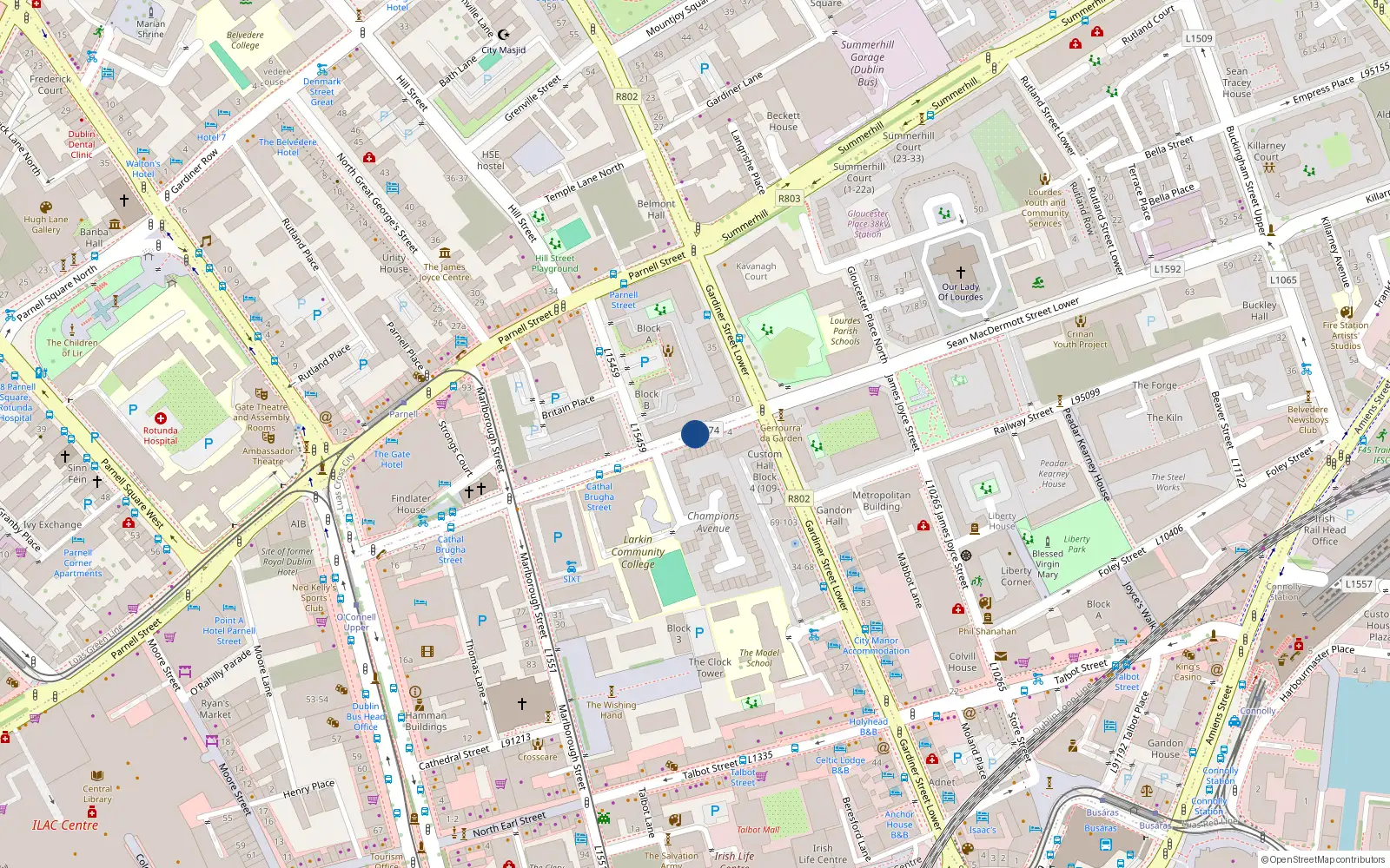 Overhead map showing the location of 98 the Synge, Sean Macdermott Street Upper, Dublin 1
