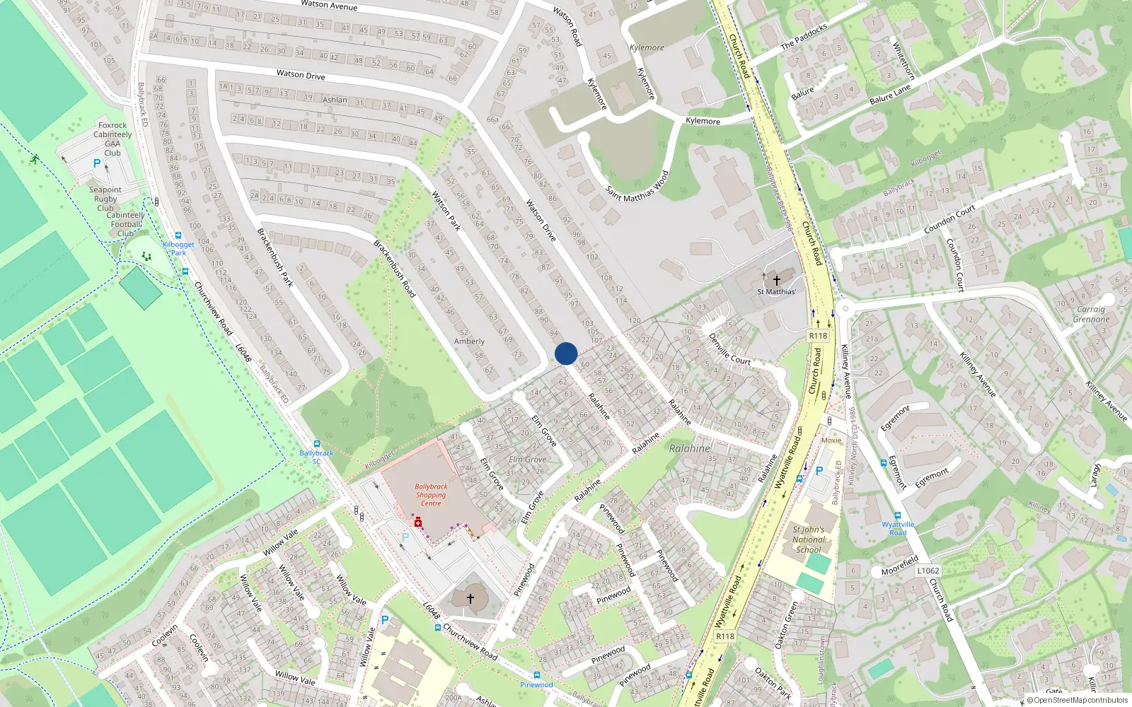 Overhead map showing the location of 98 Watson Park, Killiney