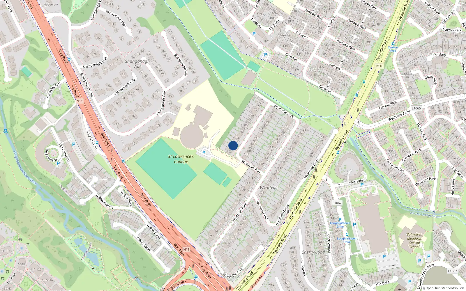 Overhead map showing the location of 98 Wyattville Park, Glenageary