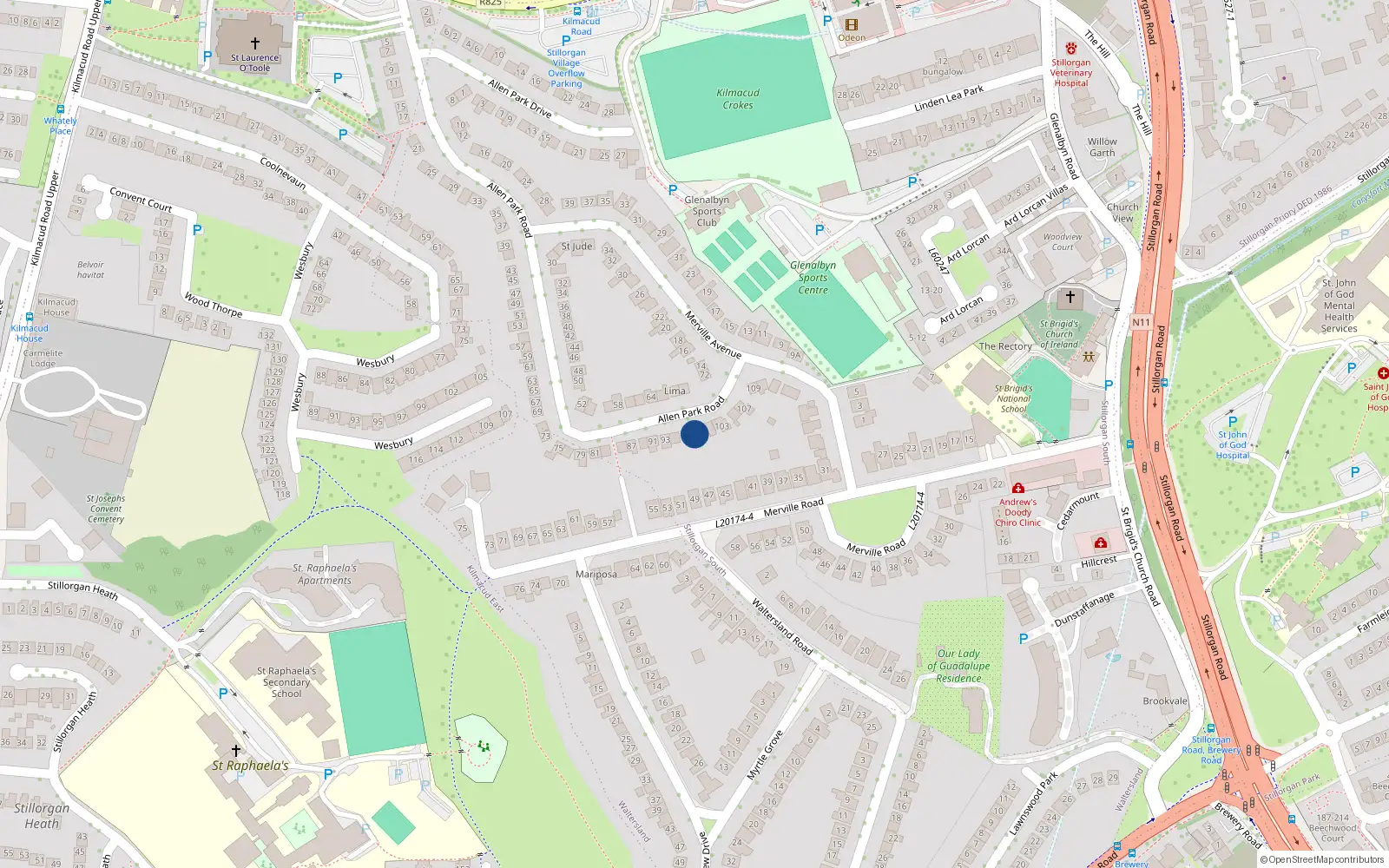 Overhead map showing the location of 99 Allen Park Road, Stillorgan, Dublin
