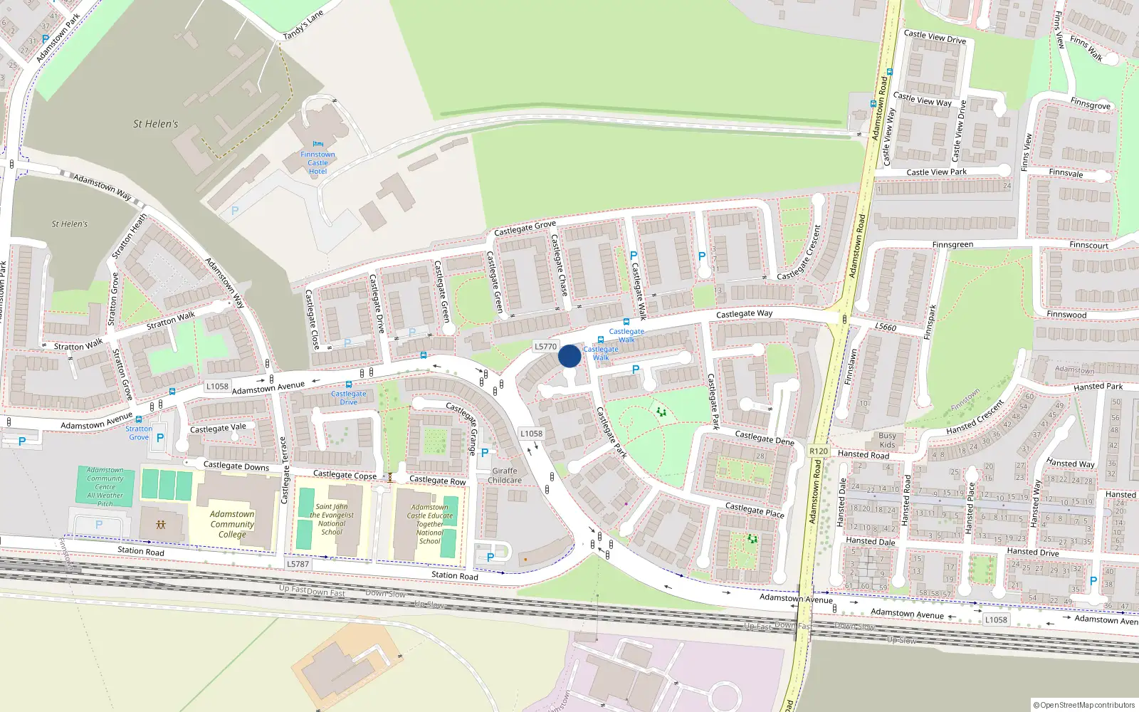 Overhead map showing the location of 99 Castlegate Way, Adamstown, Lucan