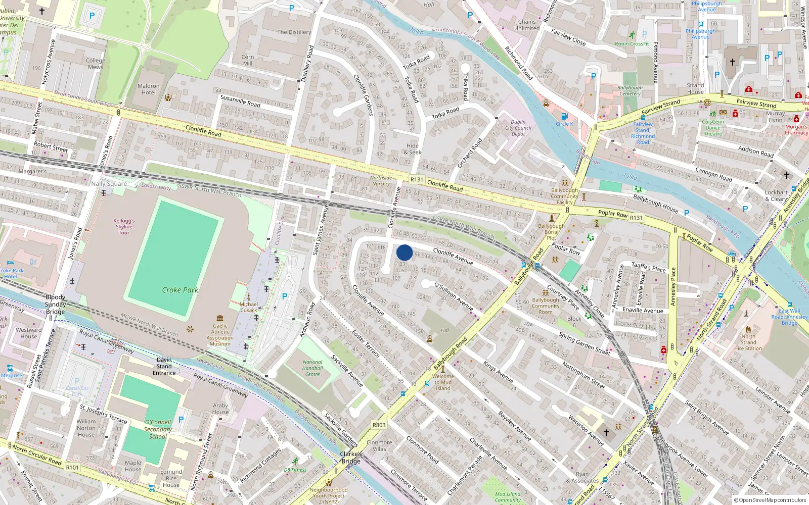 Overhead map showing the location of 99 Clonliffe Avenue, Ballybough, Dublin 3