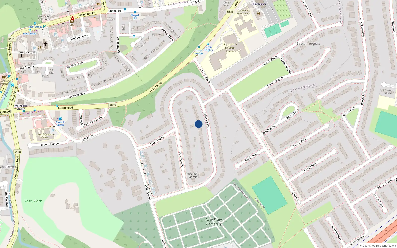 Overhead map showing the location of 99 Esker Lawns, Lucan, Dublin