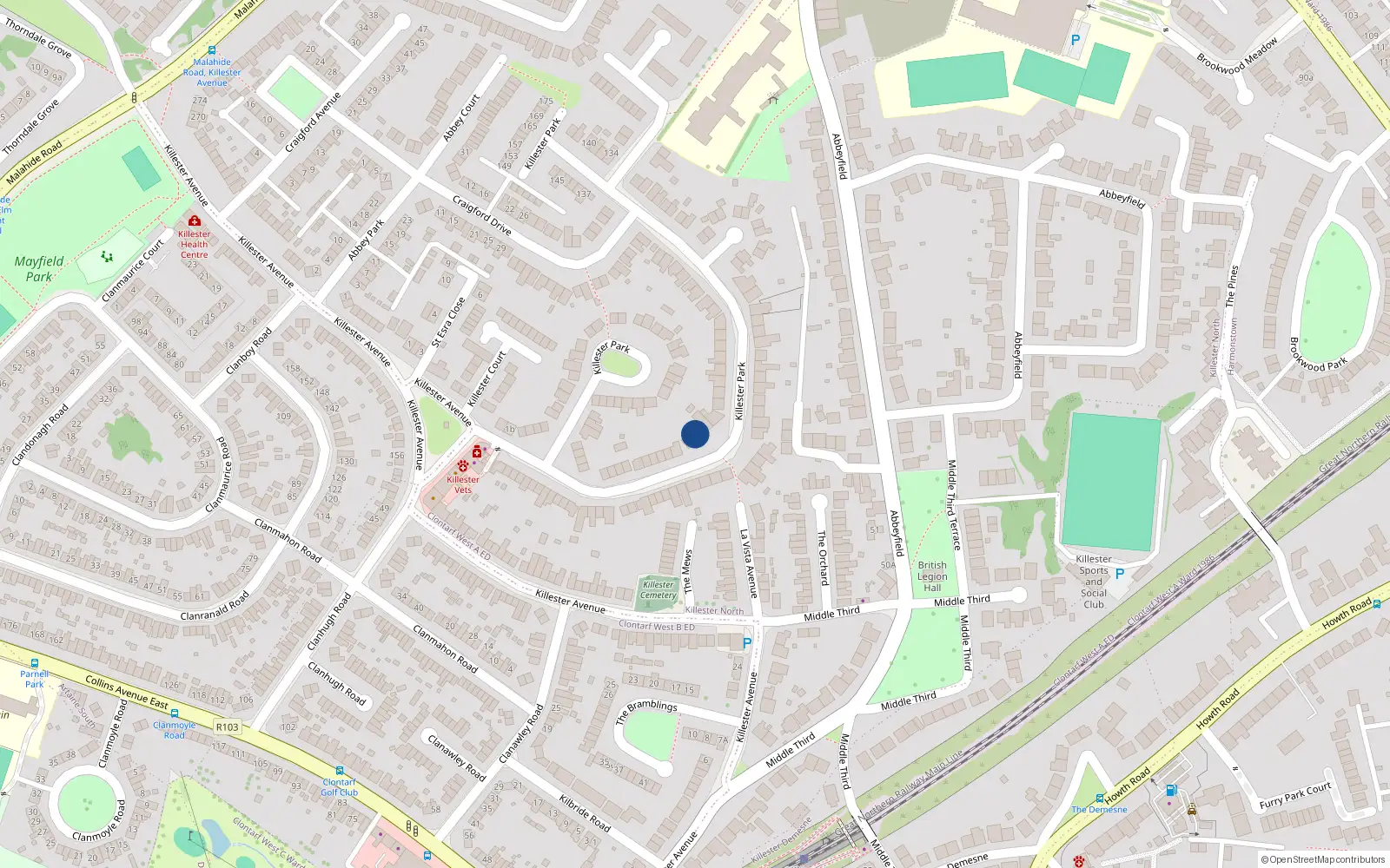 Overhead map showing the location of 99 Killester Park, Killester, Dublin