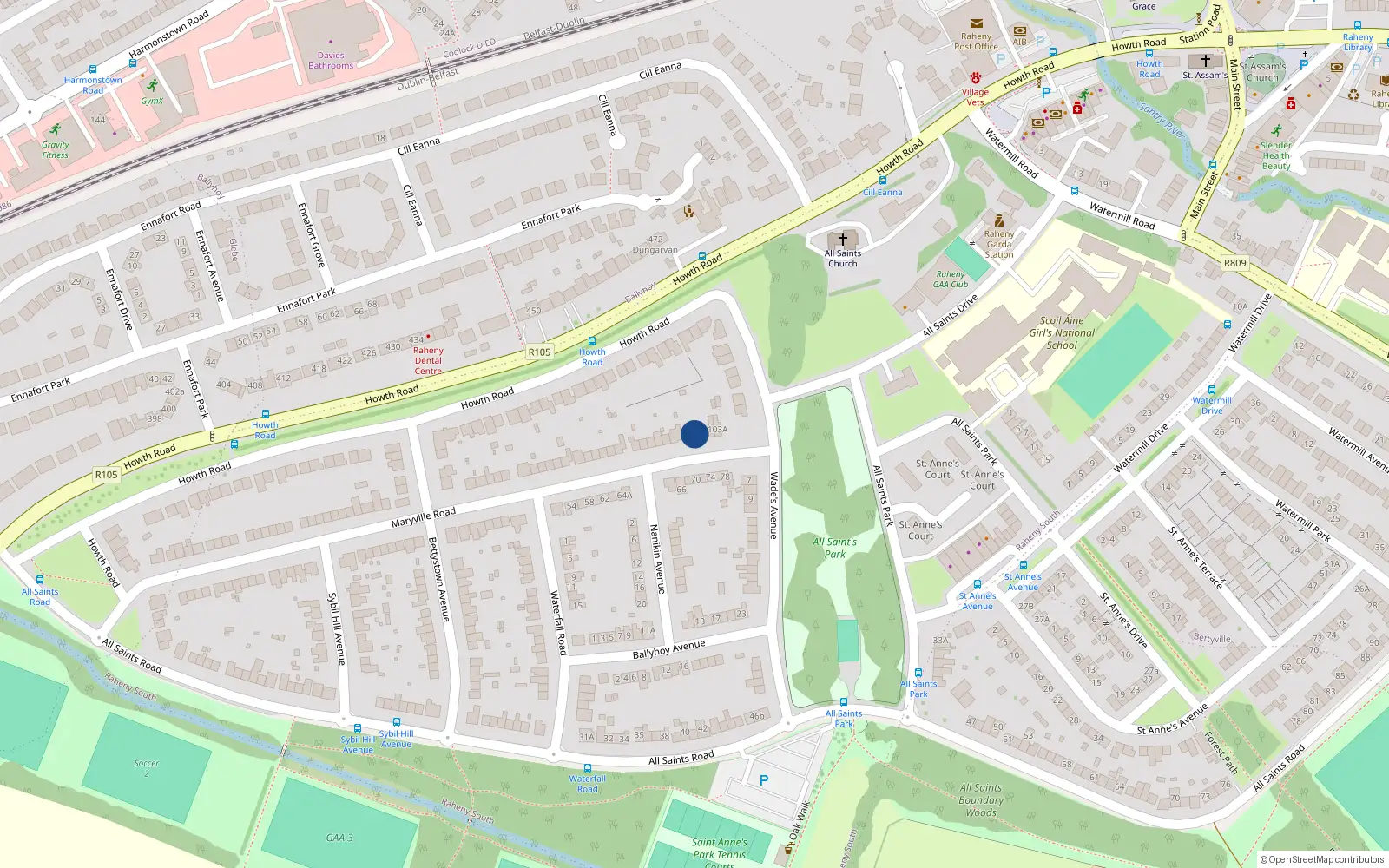Overhead map showing the location of 99 Maryville Road, Raheny, Dublin 5