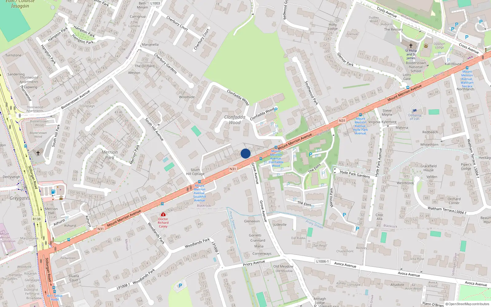 Overhead map showing the location of 99 Mount Merrion Avenue, Blackrock, Co Dublin