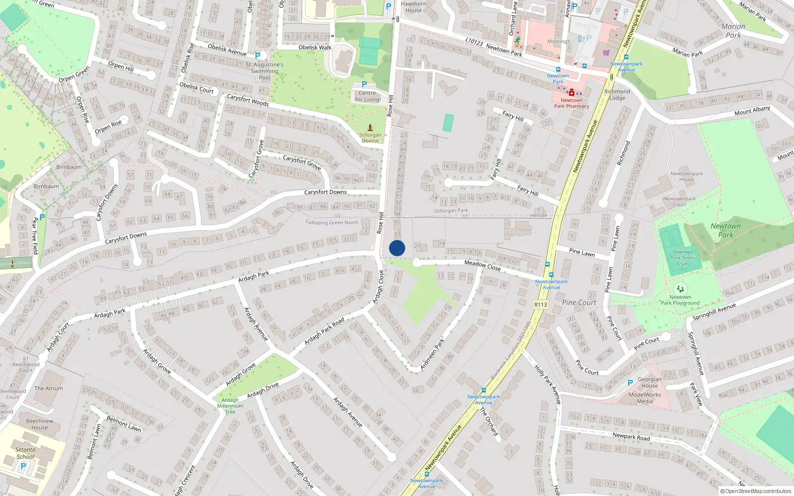 Overhead map showing the location of 99 Rosehill, Carysfort Avenue, Blackrock