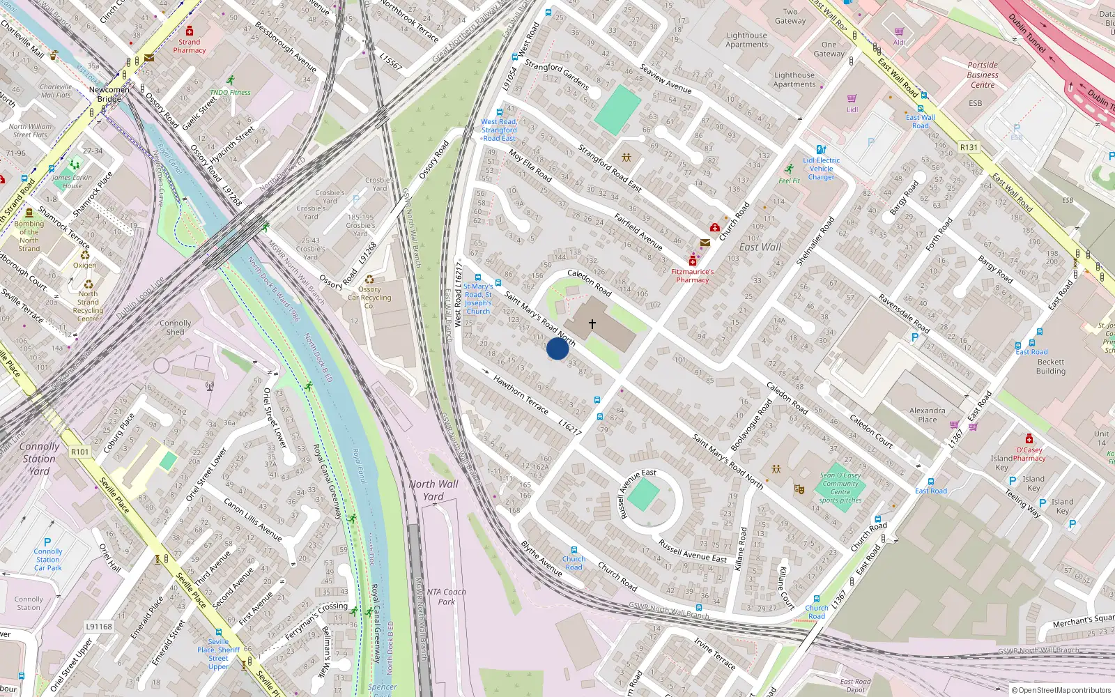 Overhead map showing the location of 99 St Marys Road, East Wall, Dublin 3