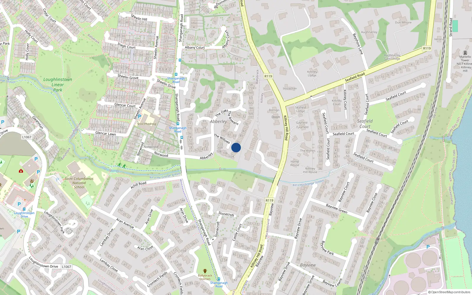 Overhead map showing the location of 99 The Willows, Killiney