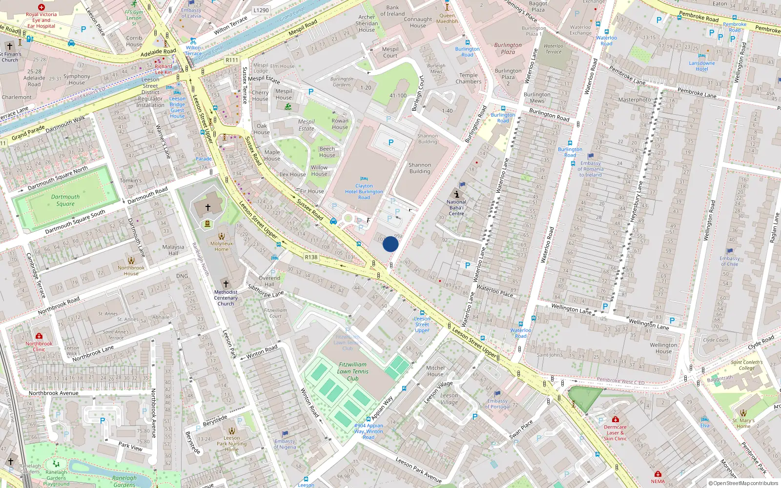 Overhead map showing the location of 99 Leeson Street Upper, Dublin