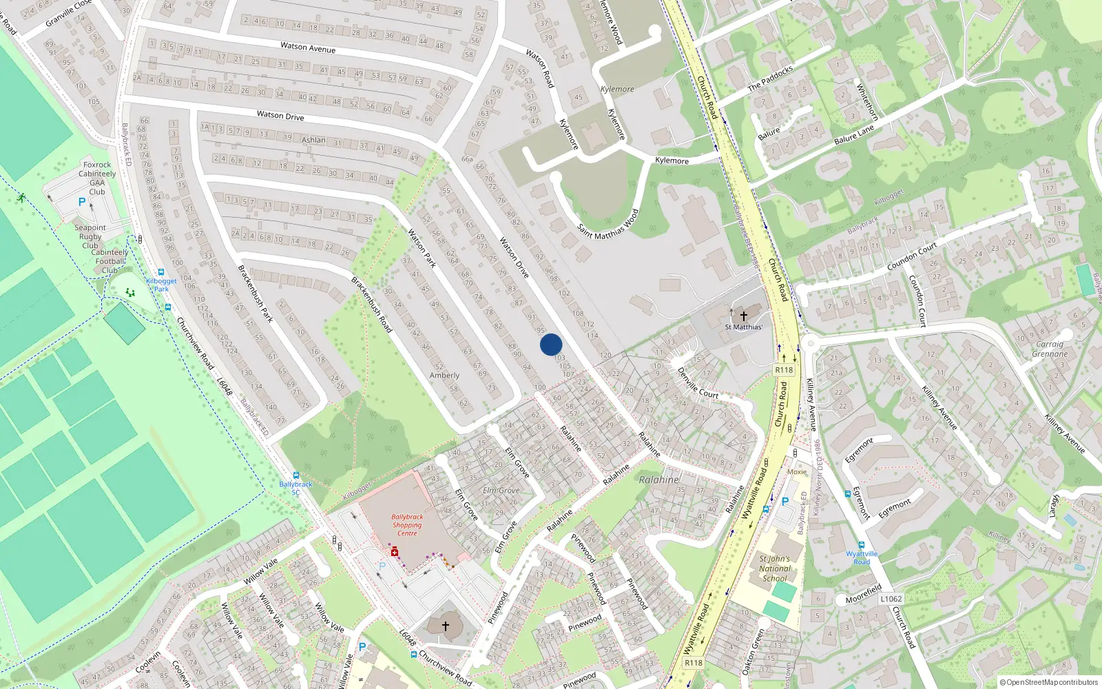 Overhead map showing the location of 99 Watson Drive, Killiney