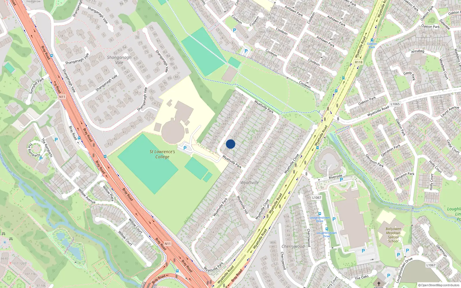 Overhead map showing the location of 99 Wyattville Park, Loughlinstown, Dublin