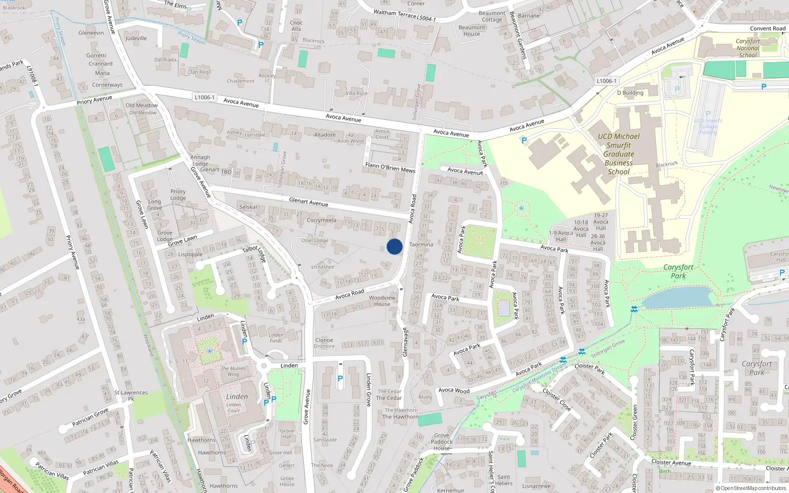 Overhead map showing the location of 9A Avoca Road, Blackrock