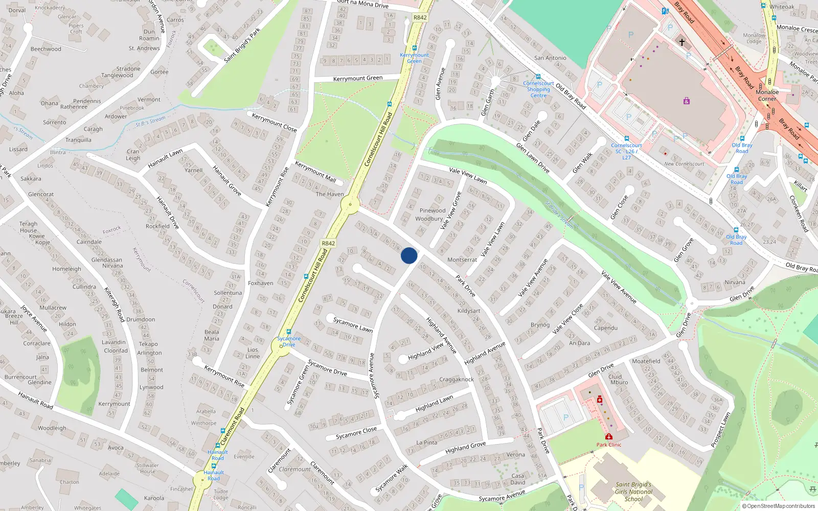 Overhead map showing the location of 9A Park Drive, Cabinteely