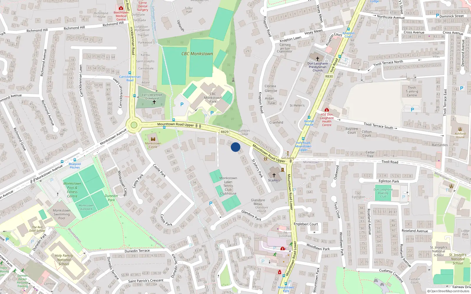 Overhead map showing the location of 9A St Johns Park, Dun Laoghaire, Dublin