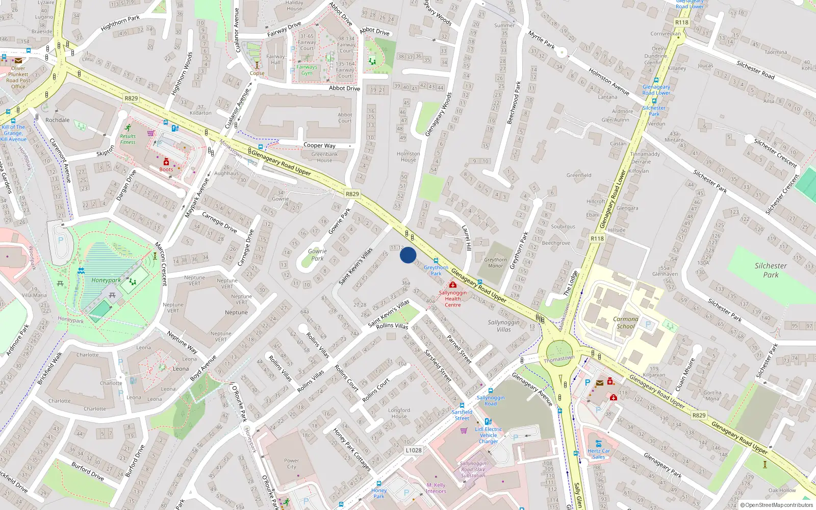 Overhead map showing the location of 9st Kevins Villas, Sallynoggin, Dublin