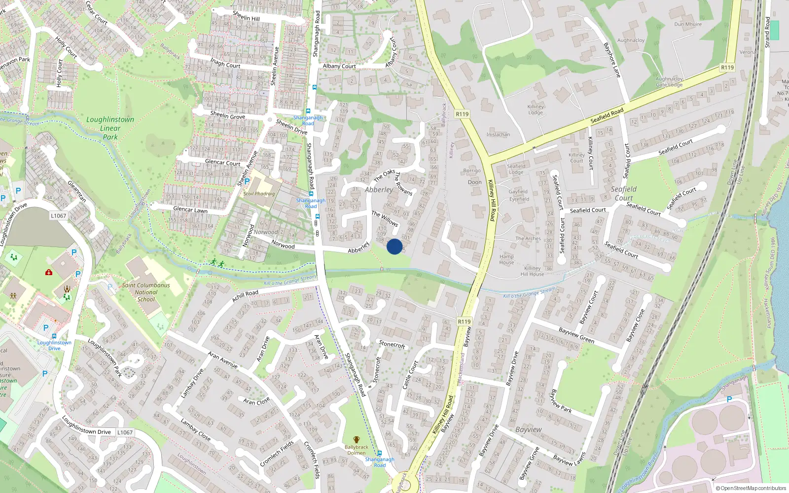 Overhead map showing the location of 105 The Willows, Killiney