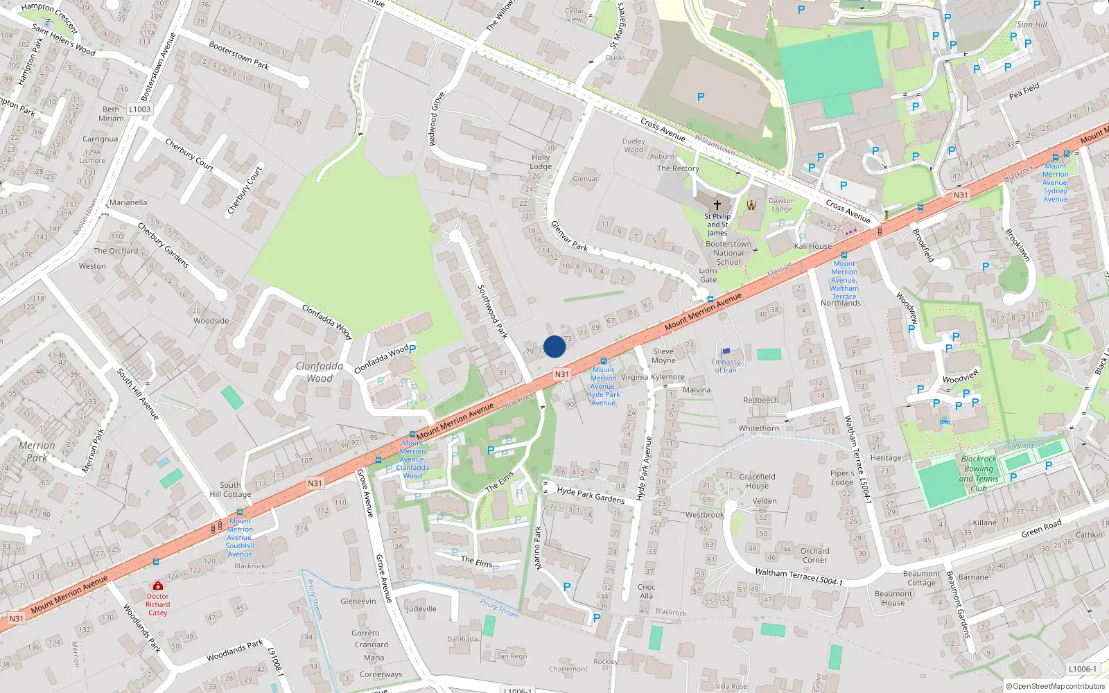 Overhead map showing the location of 75 Mount Merrion Avenue, Blackrock