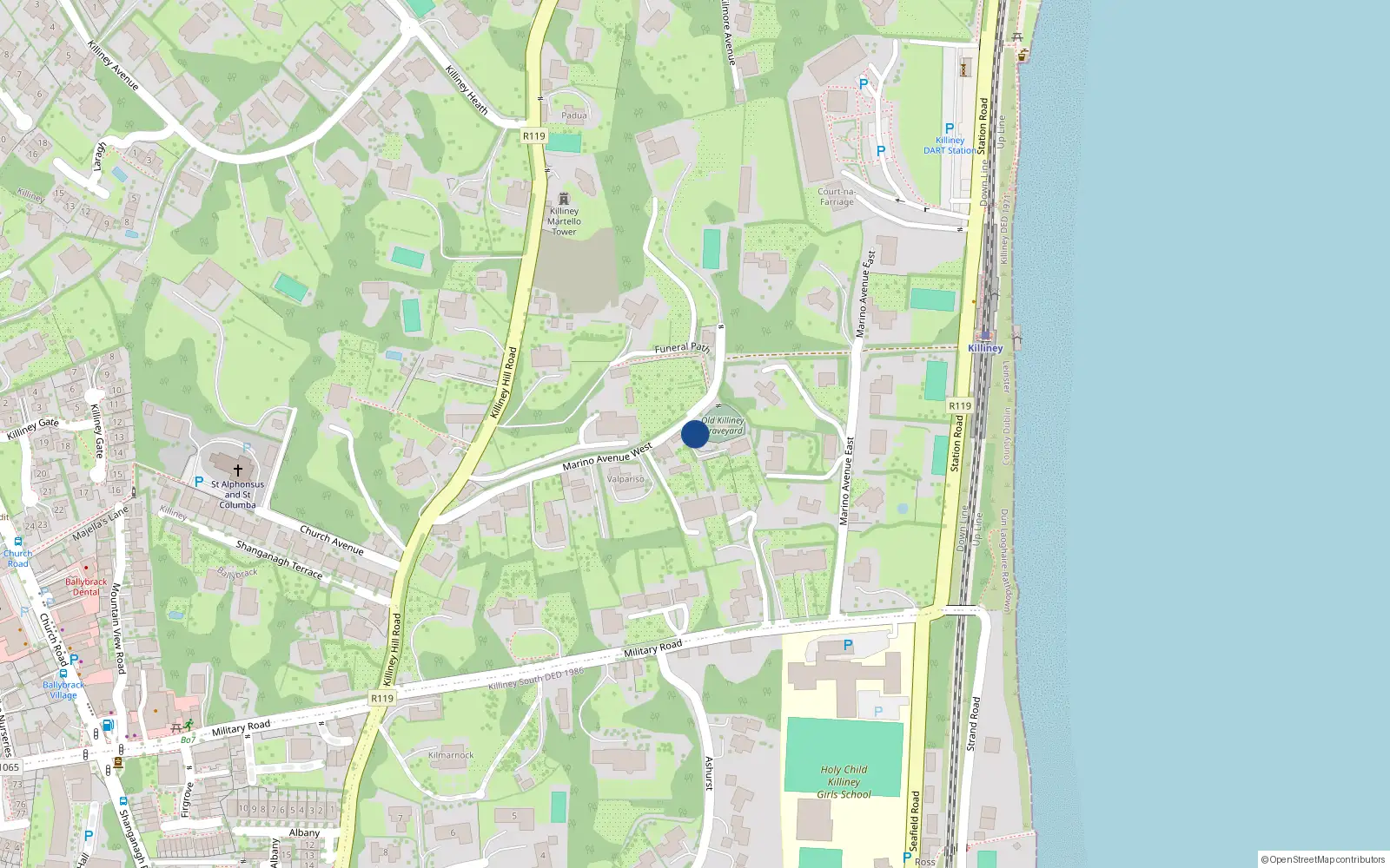 Overhead map showing the location of Marino Avenue West, Killiney