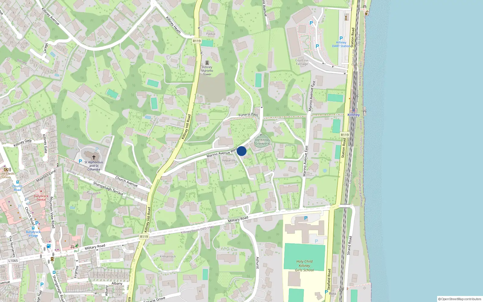 Overhead map showing the location of Marino Avenue West, Killiney
