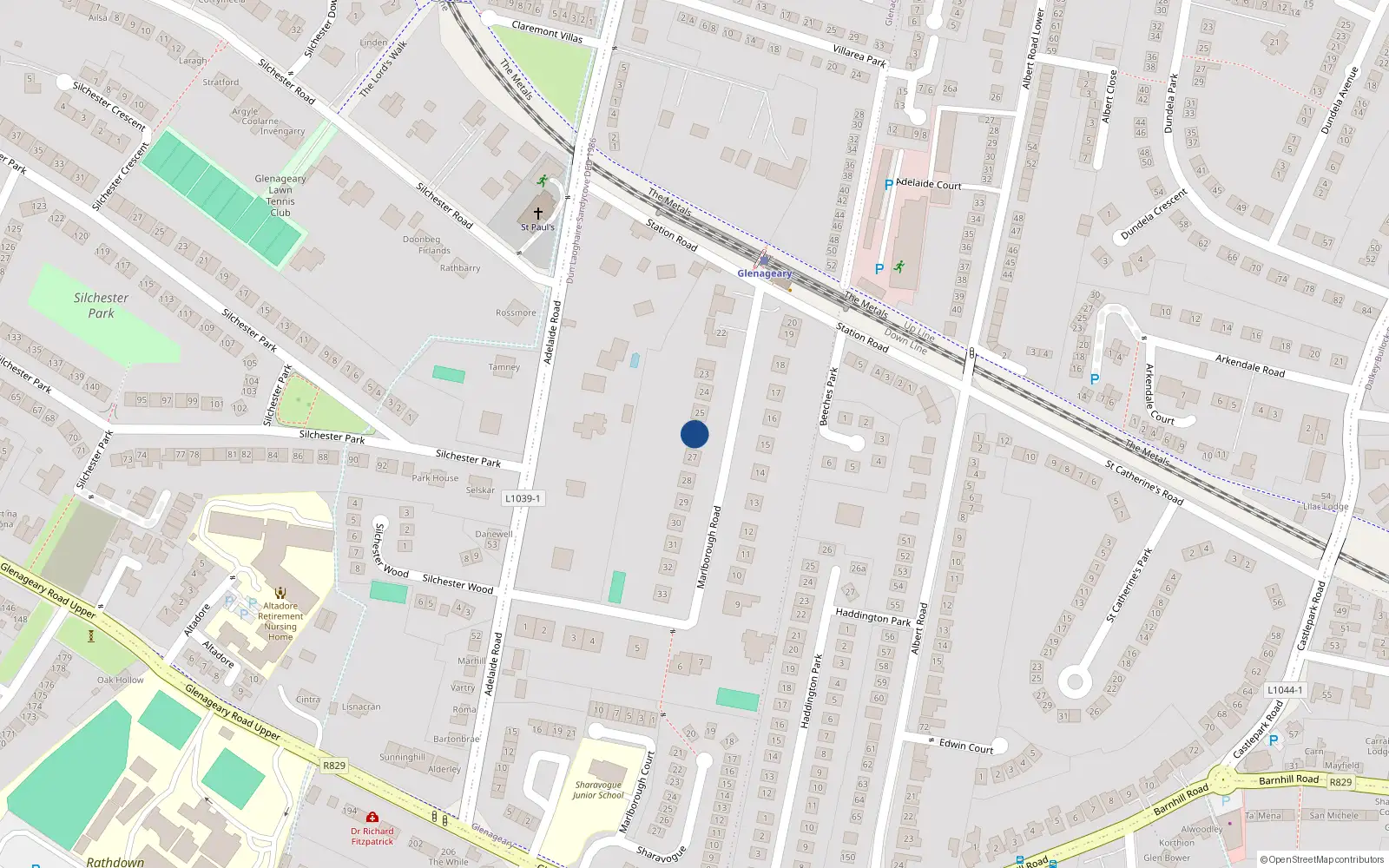 Overhead map showing the location of 26 Marlborough Road, Glenageary