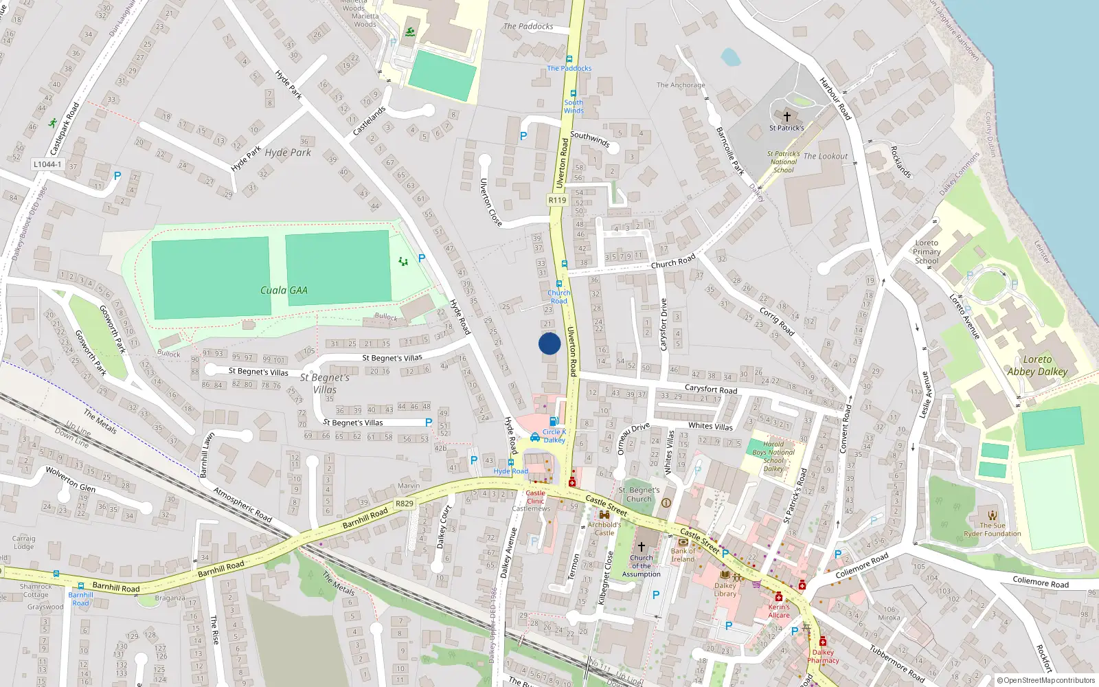 Overhead map showing the location of 17 Ulverton Road, Dalkey