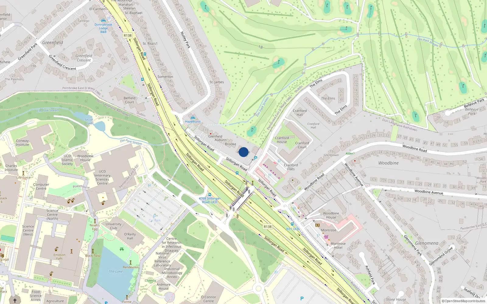 Overhead map showing the location of 186 Stillorgan Road, Merrion