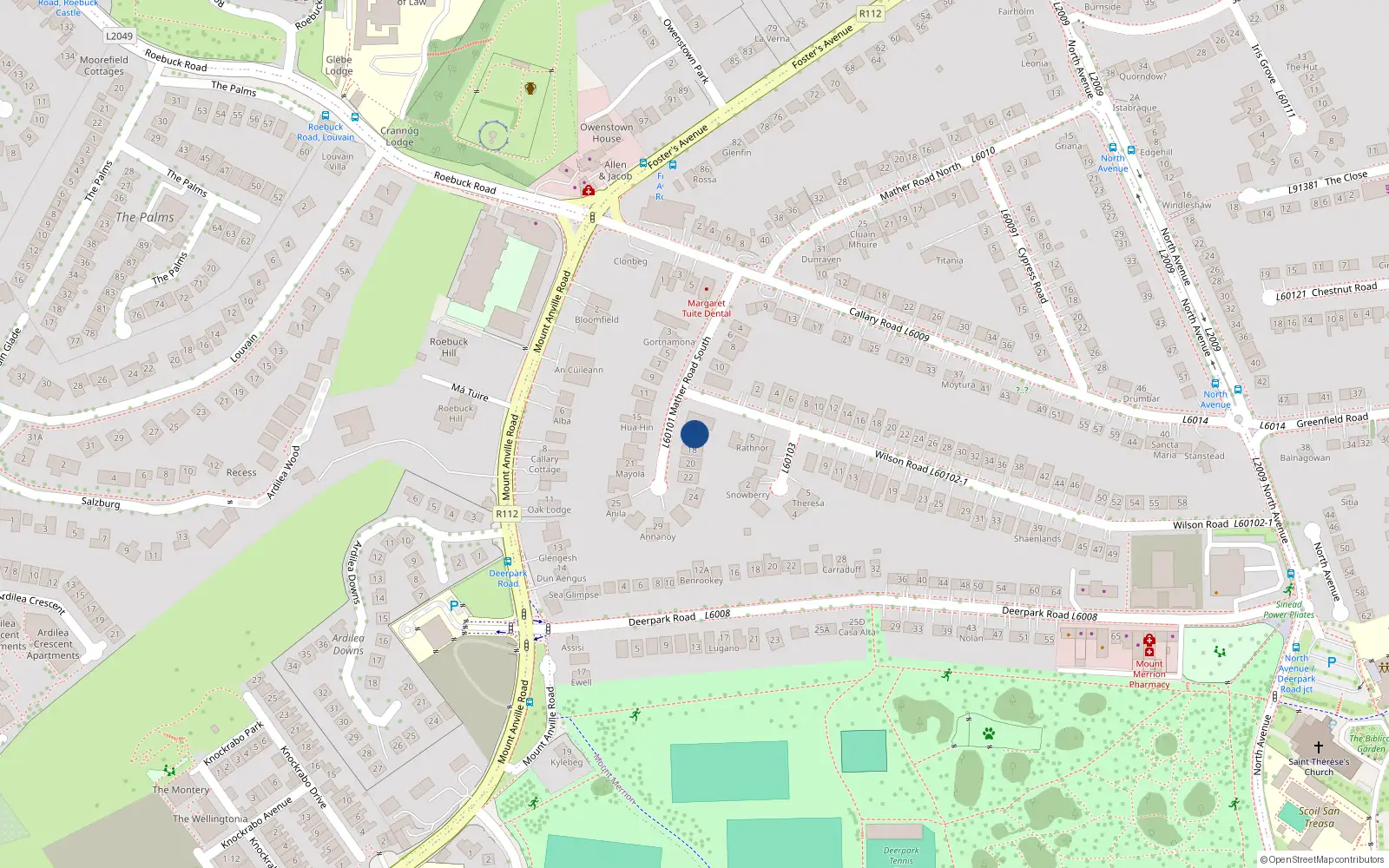 Overhead map showing the location of Agadoon, 16 Mather Road South, Mount Merrion