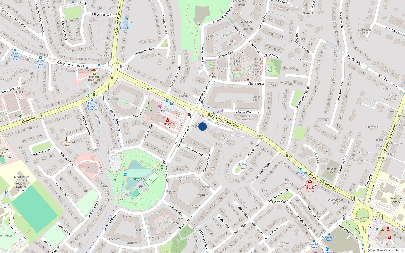 Overhead map showing the location of 28 Glenageary Road Upper, Glenageary