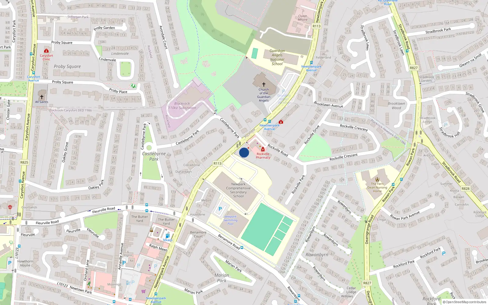 Overhead map showing the location of 74 Newtownpark Avenue, Blackrock