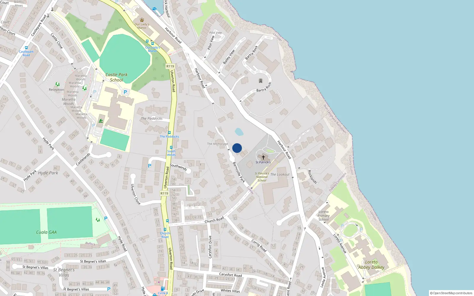 Overhead map showing the location of 7 Barnacoille Park, Dalkey