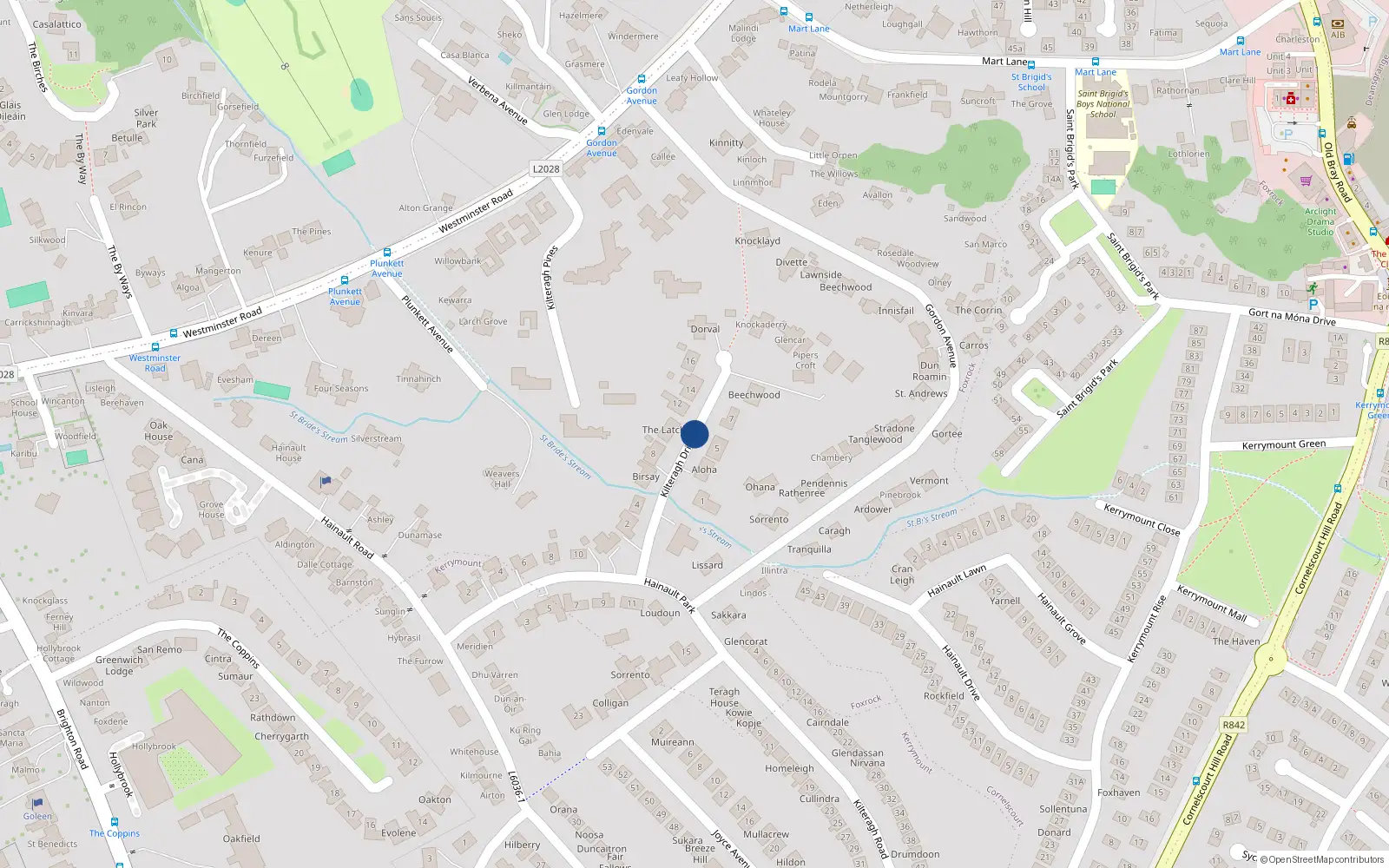 Overhead map showing the location of Kilteragh Drive, Foxrock